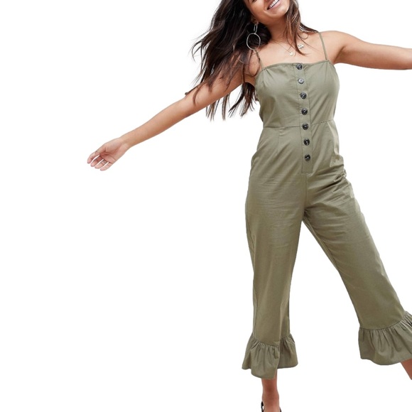ASOS Pants - ASOS Design cotton frill hem jumpsuit with square neck and button detail